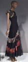 Black gown, asymmetrical drop waist, lace skirt with blue and pink diagonal bands