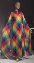 Multicolor plaid floor length dress with angel sleeves extending to dress hem