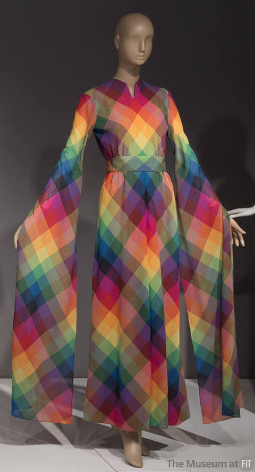 Multicolor plaid floor length dress with angel sleeves extending to dress hem