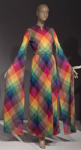 Multicolor plaid floor length dress with angel sleeves extending to dress hem
