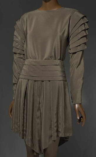 Brown silk long sleeve top with pleated upper arm, matching shorts with pleated cummerbund wais…