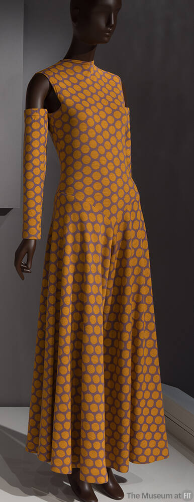 Lavender and orange polka dot jumpsuit and matching separate sleeves, flared with wide leg