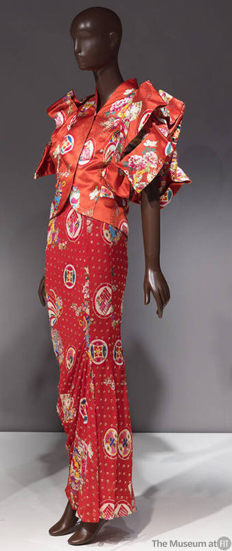 Red silk chinoiserie print jacket with oversize origami sleeves and matching floor length fitte…