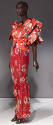 Red silk chinoiserie print jacket with oversize origami sleeves and matching floor length fitte…