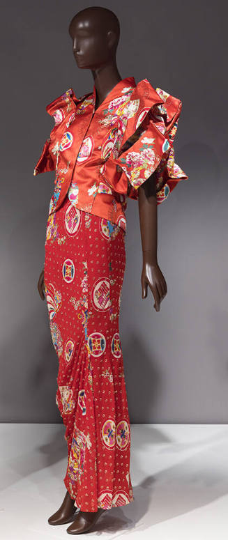Red silk chinoiserie print jacket with oversize origami sleeves and matching floor length fitte…