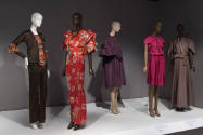 Statement Sleeves exhibition installation view of five dressed mannequins in the Puffs and Fold…