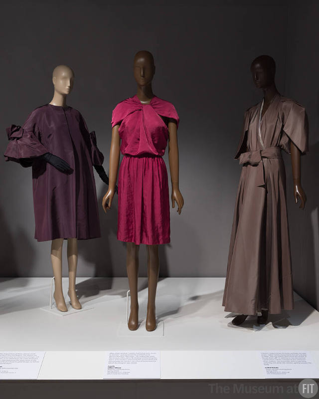 From left to right: coat by Christian Dior, 1953 (71.267.3); dress by Lanvin, spring 2009 (2018.59.1); dress by Isabel Toledo, spring 2002 (2010.1.48)