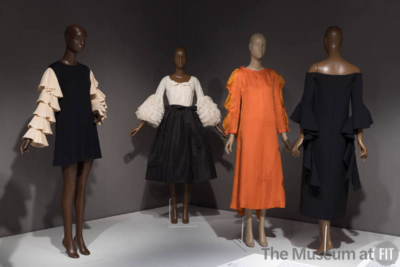 From left to right: dress by Rudi Gernreich, 1967 (86.136.10); blouse by Givenchy, c.1952 (70.57.114); dress by Courrèges, c.1969 (2014.15.2); dress by Ellery, 2016 (2019.24.1).