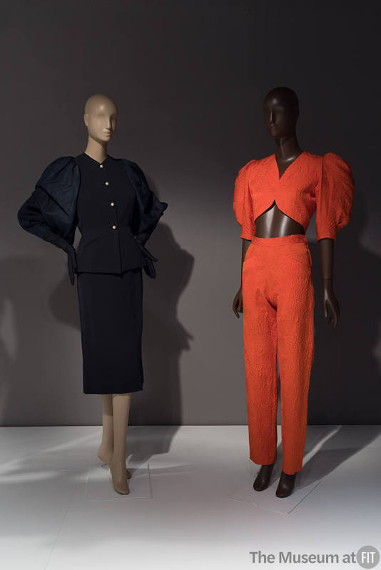 Cocktail suit by Adrian, c.1950 (left, 71.220.1); set by Yves Saint Laurent Rive Gauche, summer 1992 (right, 2022.65.24)