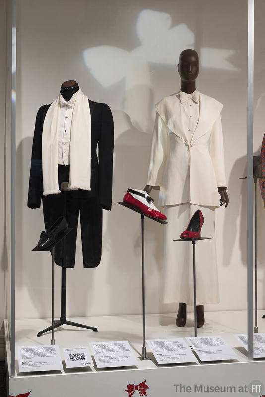 From left to right: Peal & Co. shoes, late 1930s (91.157.2); Wood Carlson Co. tuxedo, 1935 (89.65.9); Carel shoes, 1984 (84.190.1); white set, c.1937 (96.47.27)