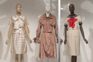 Untying the Bow exhibition installation view of three mannequins in white, ivory and taupe ense…