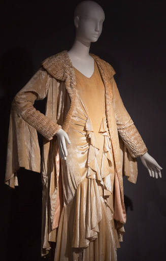 Golden yellow evening dress, coat, and detached sleeves with front ruffles