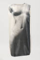 Off-white sleeveless mini dress with full length print of grey, nude, armless statue