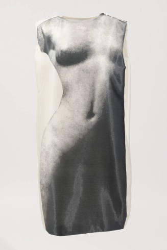 Off-white sleeveless mini dress with full length print of grey, nude, armless statue