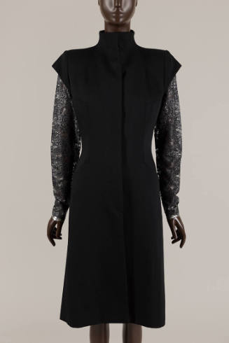 Knee length black coat with cap sleeves and long silver lace sleeves underneath