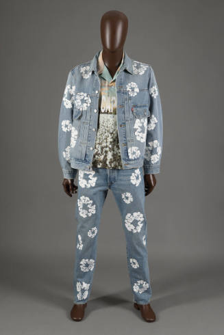 Denim button front jacket with all over white printed wreath design, matching jeans and graphic…