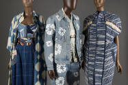 Closer view of three denim and indigo ensembles