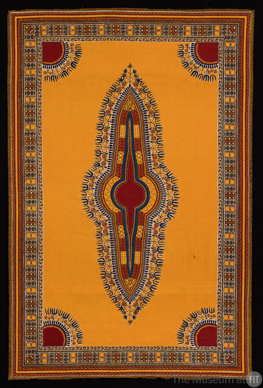 Rectangle shaped textile with orange background, geometric border and center oblong design in r…