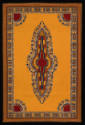 Rectangle shaped textile with orange background, geometric border and center oblong design in r…