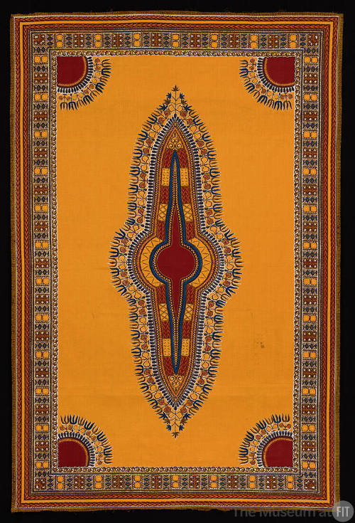 Rectangle shaped textile with orange background, geometric border and center oblong design in r…