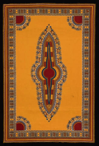 Rectangle shaped textile with orange background, geometric border and center oblong design in r…