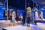 Africa’s Fashion Diaspora exhibition installation view of the gallery with dressed mannequins o…