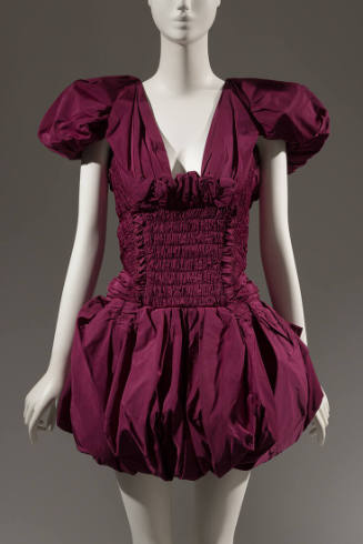Purple mini dress with short pouf sleeves, smocked midriff and gathered bubble skirt