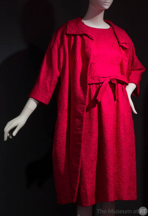 Bright pink evening dress and coat set with floral and leaf design: knee length dress with tie …