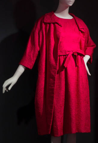 Bright pink evening dress and coat set with floral and leaf design: knee length dress with tie …