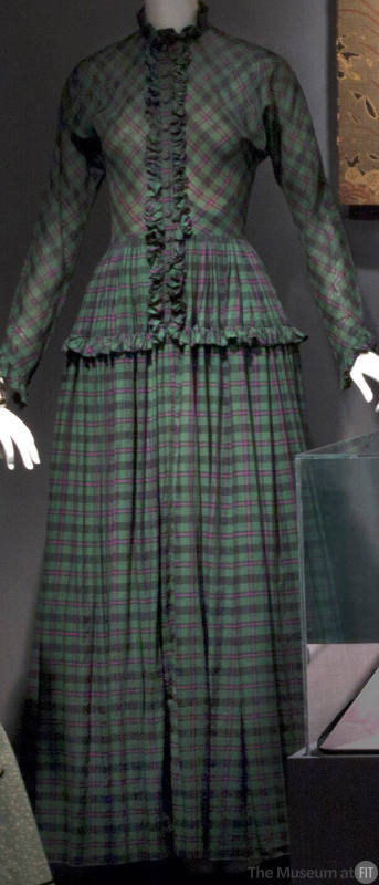 Green, purple and black cotton plaid floor length dress with long sleeves, self ruffle down cen…