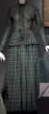 Green, purple and black cotton plaid floor length dress with long sleeves, self ruffle down cen…