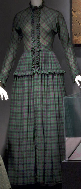 Green, purple and black cotton plaid floor length dress with long sleeves, self ruffle down cen…
