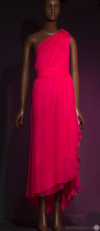 Hot pink one shoulder evening dress with tie sash at waist and asymmetrical ankle length skirt …