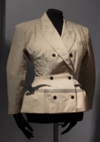 Beige and grey double breasted jacket with black buttons and black horizontal stripes and black…