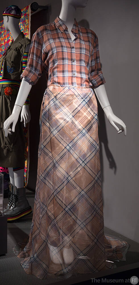 Pink, blue and white plaid ensemble with long sleeve button front shirt, sheer floor length ski…