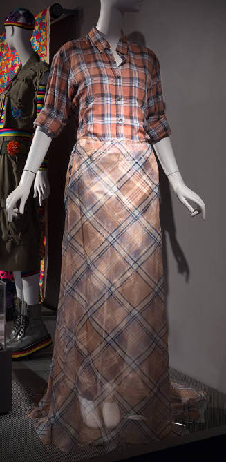 Pink, blue and white plaid ensemble with long sleeve button front shirt, sheer floor length ski…