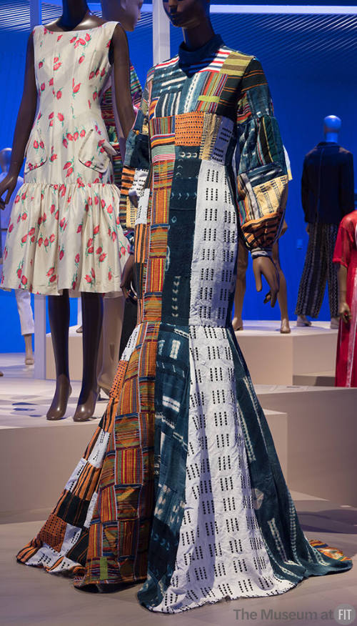 Multicolor patchwork floor length dress with long sleeves, fishtail hem and train