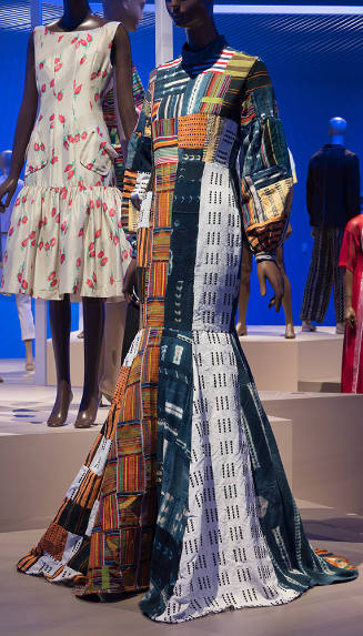 Multicolor patchwork floor length dress with long sleeves, fishtail hem and train