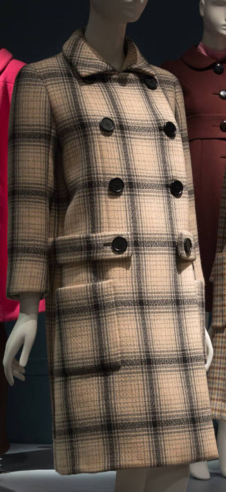 Off-white and black plaid double breasted coat with six black buttons and front patch pockets