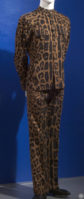 Black, brown and beige leopard print man’s set of long sleeve button front shirt, matching pant…