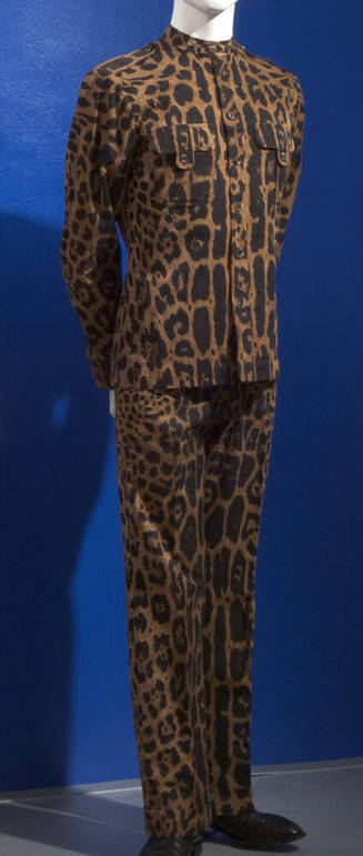 Black, brown and beige leopard print man’s set of long sleeve button front shirt, matching pant…
