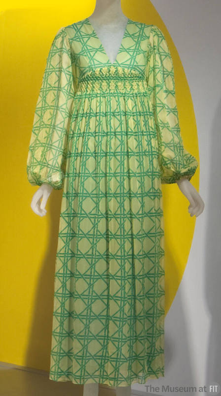 Yellow / green floor length evening dress printed with green windowpane check and zigzag patter…