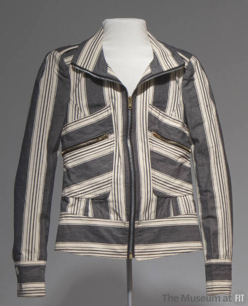 Black and off-white striped jacket with zipper closure and two zippered patch pockets