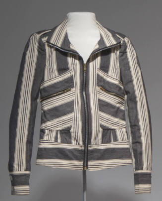 Black and off-white striped jacket with zipper closure and two zippered patch pockets