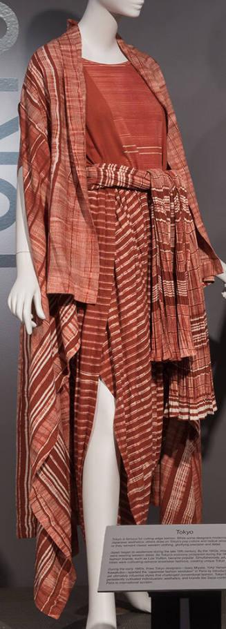 Rust brown with irregular off-white stripes ensemble of top, coordinating oversize coat, harem …