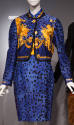 Blue and black leopard print suit with yellow and gold floral and baroque overprint, cropped co…