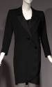 Black tuxedo style coat dress with diagonal two-button closure and above the knee length
