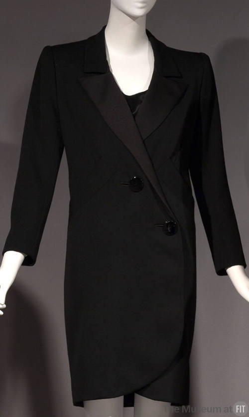 Black tuxedo style coat dress with diagonal two-button closure and above the knee length