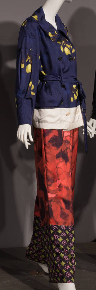 Set of navy blue and yellow floral print blouse with white hem and red and black abstract print…