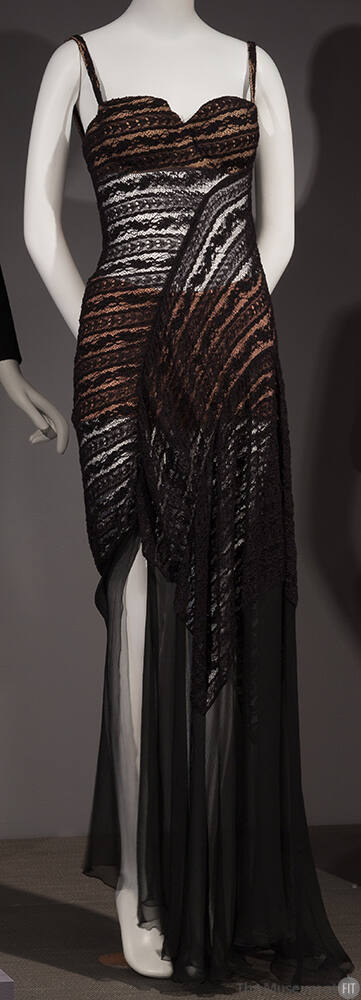 Black crochet lace floor length bustier bra dress with wrap effect and silk crepe chiffon at lo…